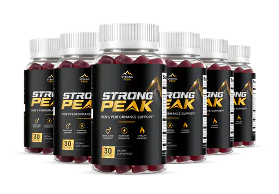 Six Strong Peak gummy bottles lined up
